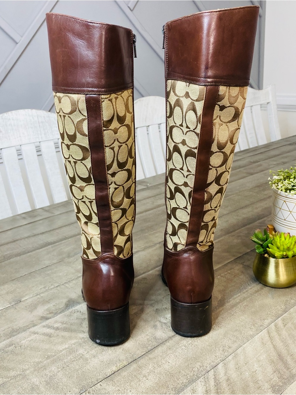 Coach Chrissi Signature Jacquard Leather Tall Riding Boots Brown Burgundy Sz 8 - Picture 5 of 10